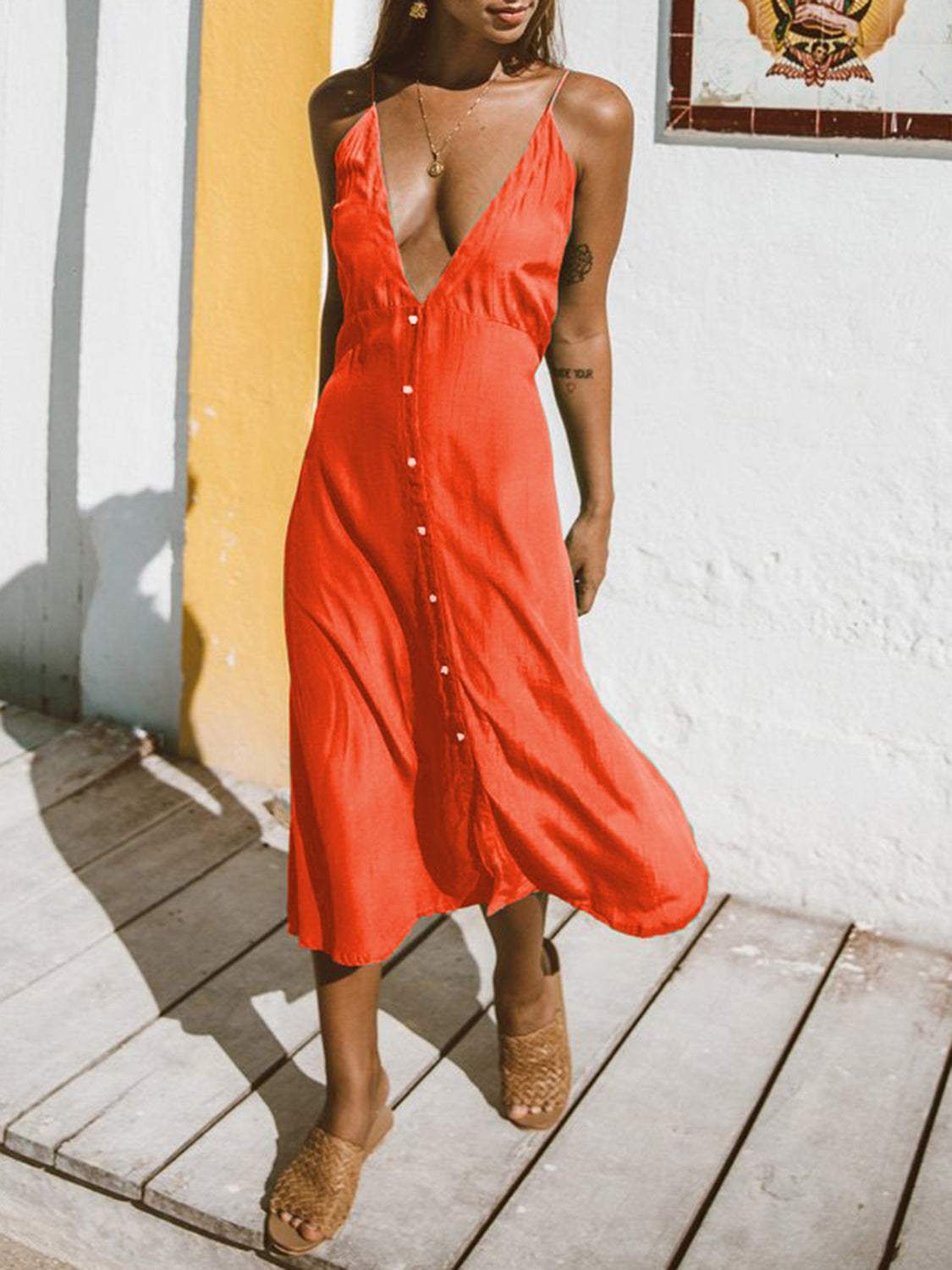 Buttoned Plunge Midi Cami Dress - Trendsi - Flyclothing LLC