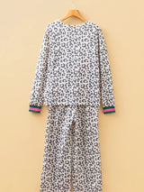 V Neck Leopard Long Sleeve Top Striped Webbing Patchwork Drawstring Pant Set - Trendsi - Flyclothing LLC