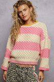 POL Contrast Striped Round Neck Sweater with Textured Cable Knit Pattern - Trendsi - Flyclothing LLC