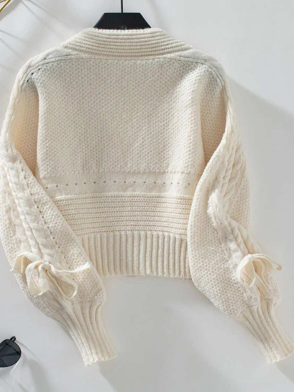 Cable-Knit Tied Open Front Lantern Sleeve Cardigan - Trendsi - Flyclothing LLC