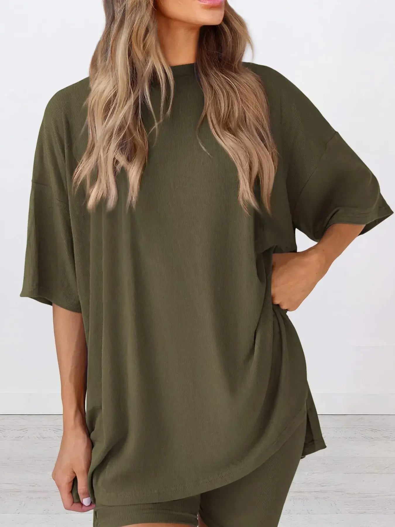 Full Size Oversized Round Neck Top and Shorts Set Plus Size - Trendsi - Flyclothing LLC