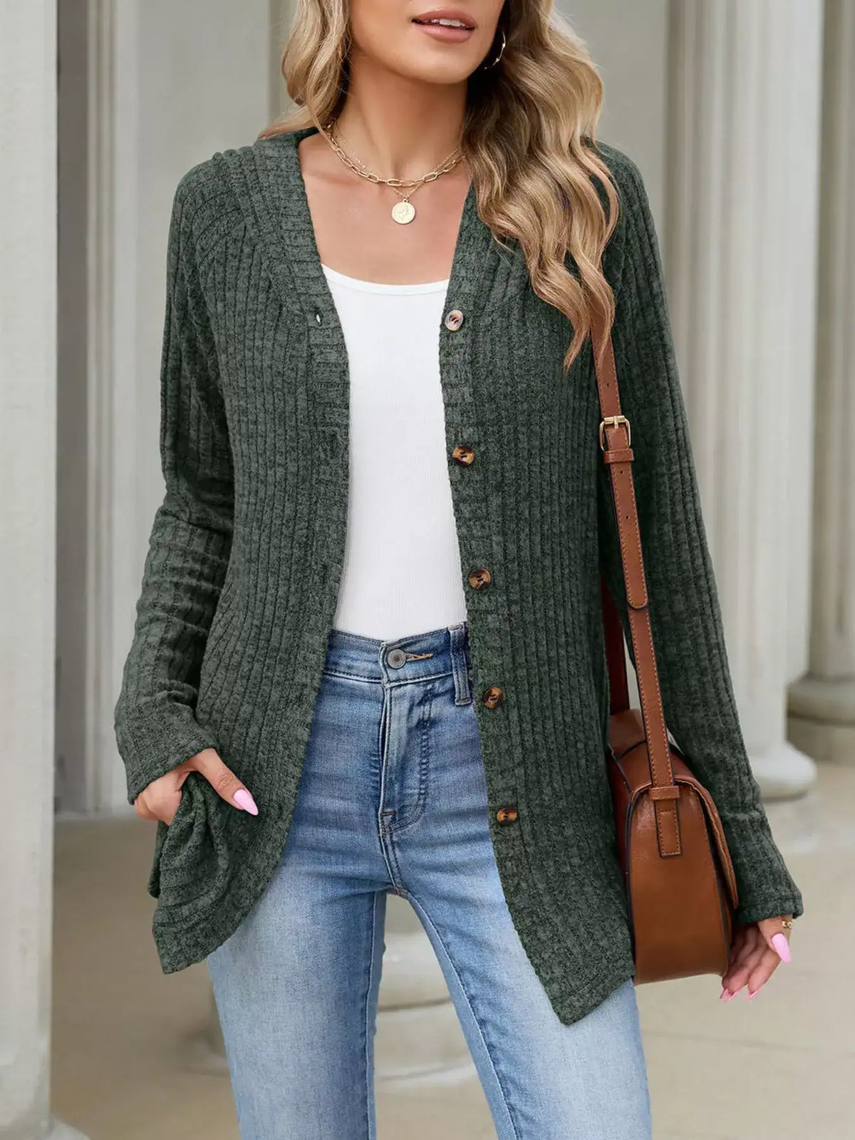 Ribbed Knit Hooded Button-Down Cardigan - Trendsi - Flyclothing LLC