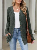 Ribbed Knit Hooded Button-Down Cardigan - Trendsi - Flyclothing LLC