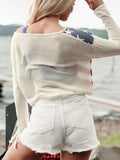 US Flag Boat Neck Long Sleeve Knit Top - Trendsi