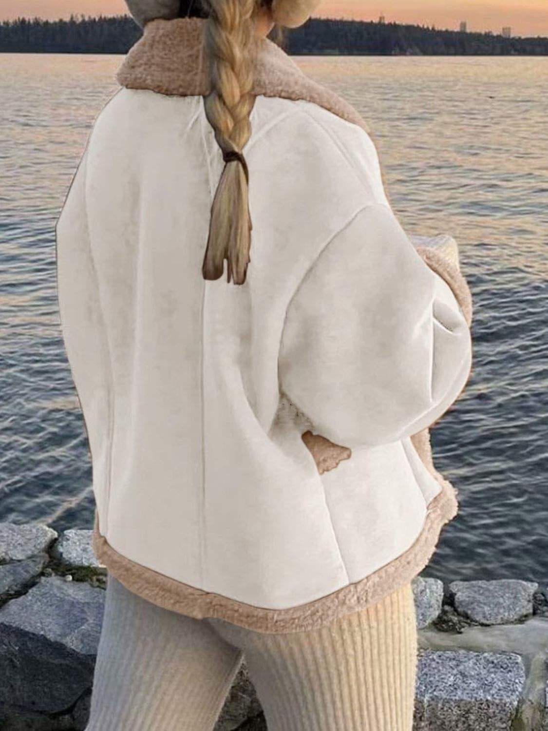 Fuzzy Collared Neck Long Sleeve Jacket - Trendsi - Flyclothing LLC