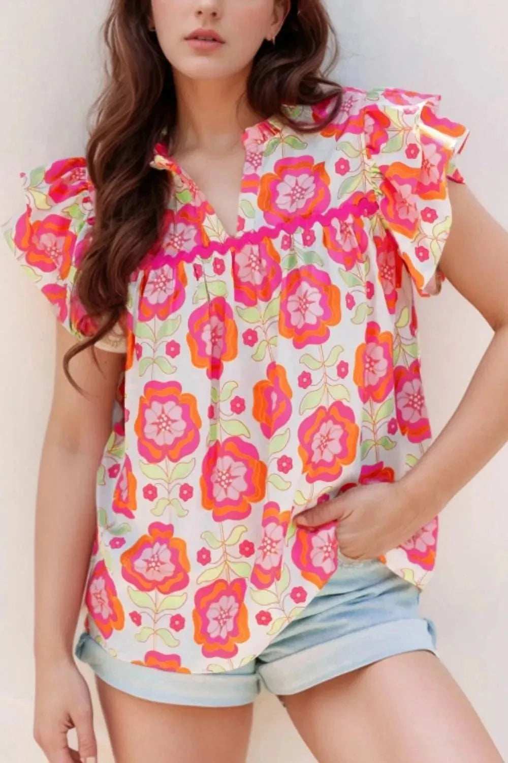 Floral Ruffled Sleeve Ric-Rac Trim Split Neck Loose Blouse - Trendsi - Flyclothing LLC