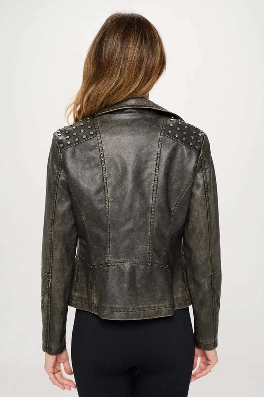 Coalition LA Studded Classic Moto Faux Leather Jacket - Trendsi - Flyclothing LLC