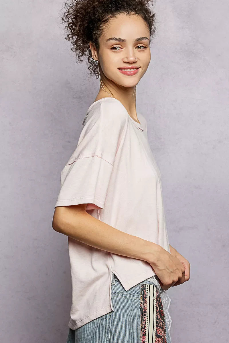 POL Round Neck Short Sleeve T-Shirt with High Low Hem - Trendsi - Flyclothing LLC