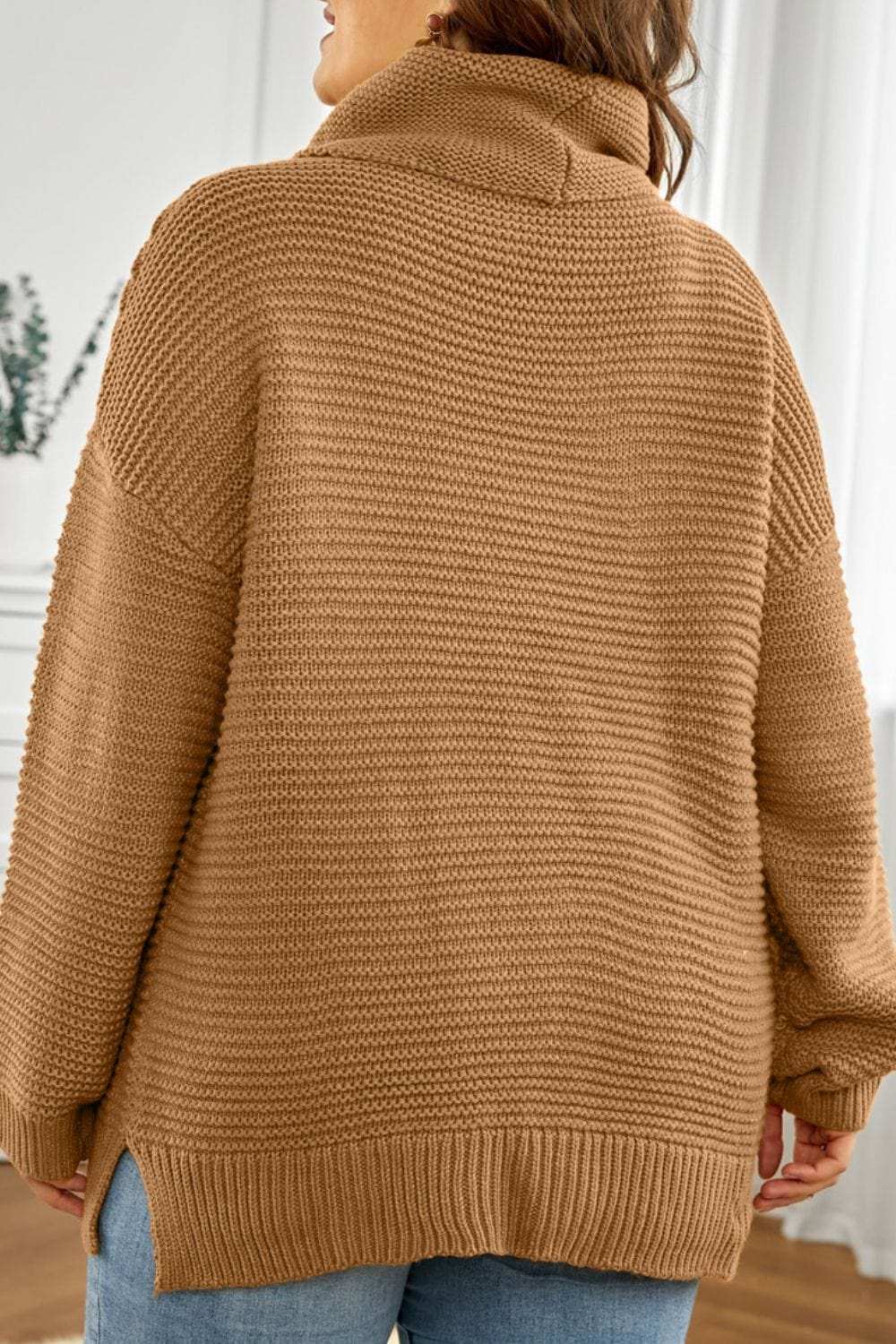 Side Slit Turtleneck Long Sleeve Sweater - Trendsi - Flyclothing LLC