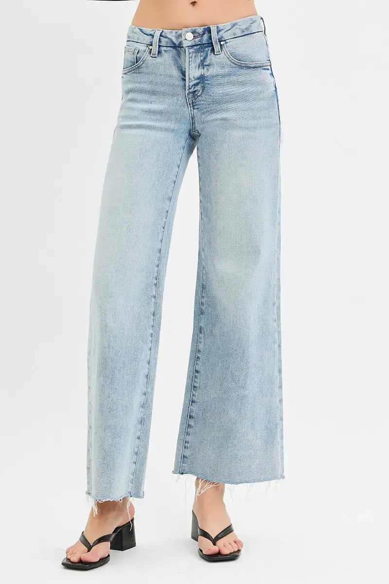 RISEN Full Size Tummy Control Low Rise Wide Leg Raw Cut Hem Jeans Plus Size - Trendsi - Flyclothing LLC