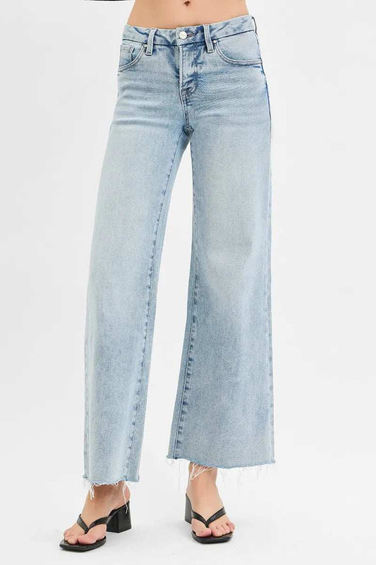 RISEN Full Size Tummy Control Low Rise Wide Leg Raw Cut Hem Jeans Plus Size - Trendsi - Flyclothing LLC