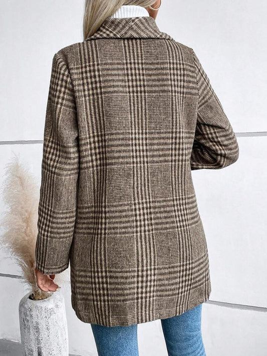 Plaid Collared Neck Long Sleeve Jacket - Trendsi