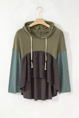 Waffle-Knit High-Low Color Block Hooded Long Sleeve Top - Trendsi - Flyclothing LLC