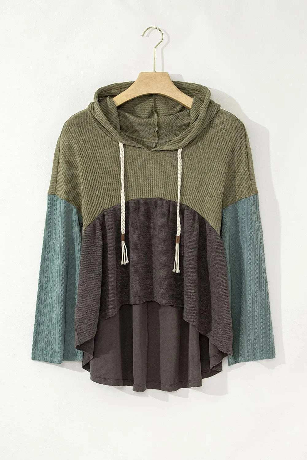 Waffle-Knit High-Low Color Block Hooded Long Sleeve Top - Trendsi - Flyclothing LLC