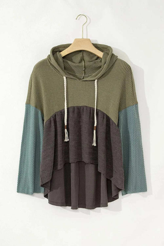 Waffle-Knit High-Low Color Block Hooded Long Sleeve Top - Trendsi - Flyclothing LLC