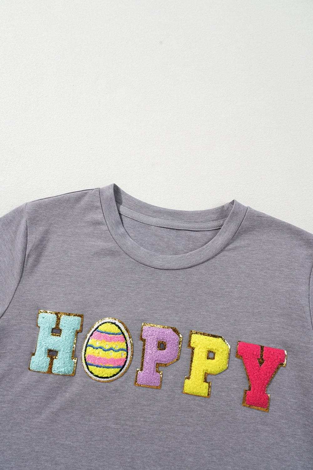 HOPPY Chenille Patch Round Neck Short Sleeve T-Shirt - Trendsi - Flyclothing LLC