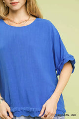 Umgee Linen Frayed Hem Scallop Edge Top - Trendsi - Flyclothing LLC