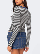Buttoned Striped Long Sleeve T-Shirt - Trendsi - Flyclothing LLC