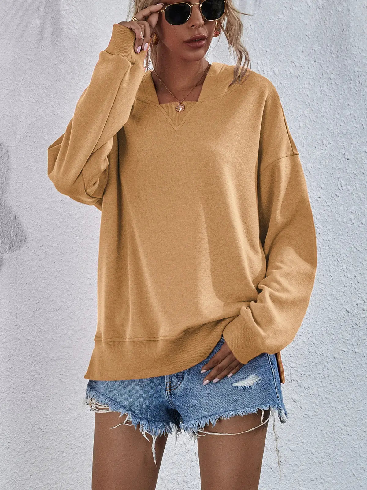 Dropped Shoulder Slit Hoodie - Trendsi - Flyclothing LLC