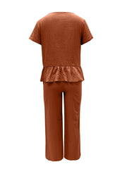 Peplum Round Neck Short Sleeve Top and Pants Set - Trendsi