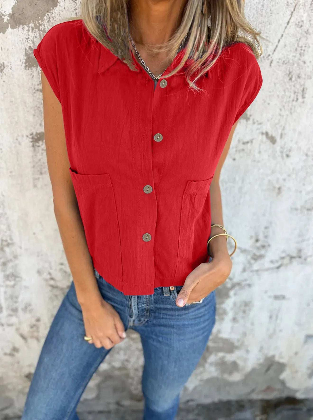 Full Size Button Down Cap Sleeve Linen Shirt Plus Size - Trendsi - Flyclothing LLC