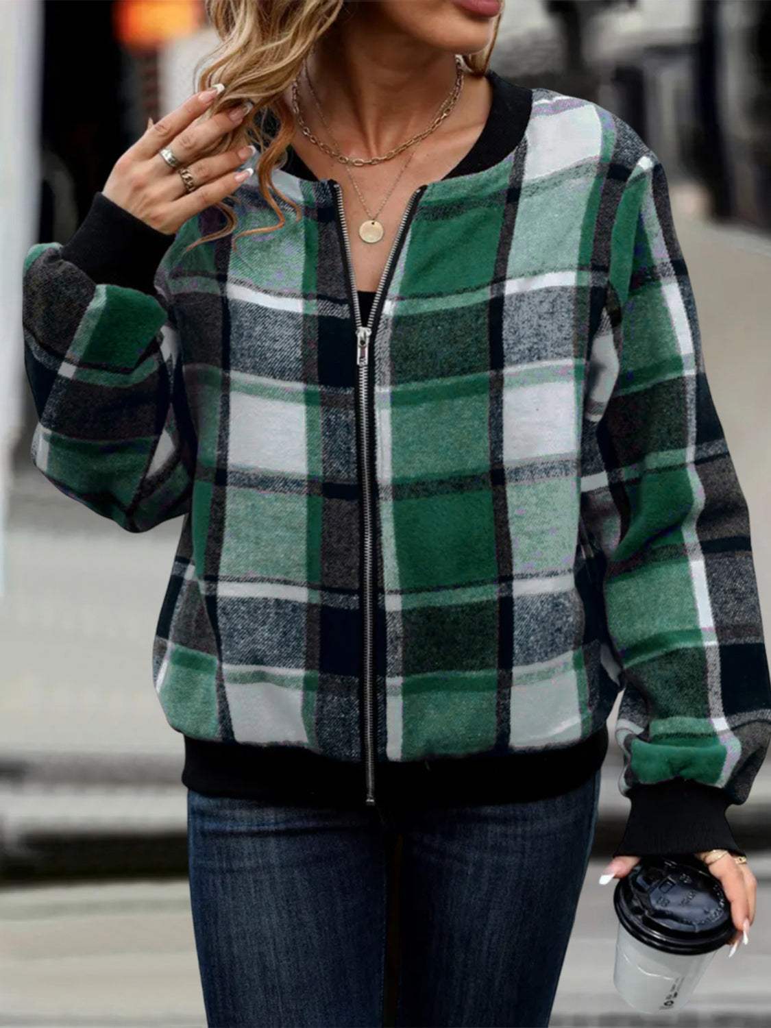 Plus Size Plaid Baseball Collar Zip Up Jacket - Trendsi - Flyclothing LLC