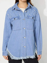 Raw Hem Pearl Trim Collared Neck Denim Top - Trendsi - Flyclothing LLC