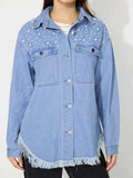 Raw Hem Pearl Trim Collared Neck Denim Top - Trendsi - Flyclothing LLC