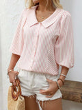 Striped Button Down 3/4 Sleeve Shirt - Trendsi - Flyclothing LLC