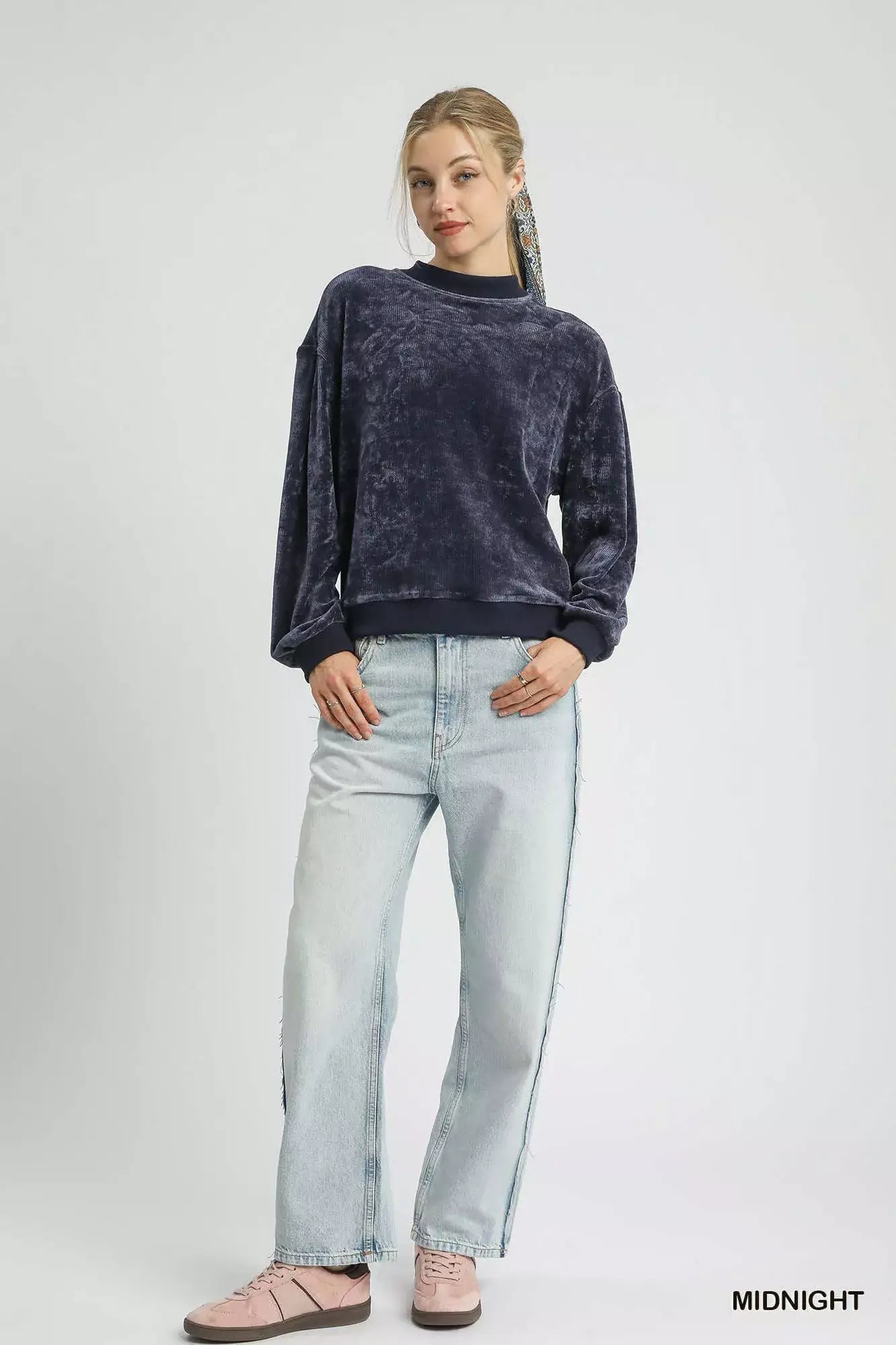 Umgee Velour Crewneck Balloon Sleeve Sweatshirt - Trendsi - Flyclothing LLC
