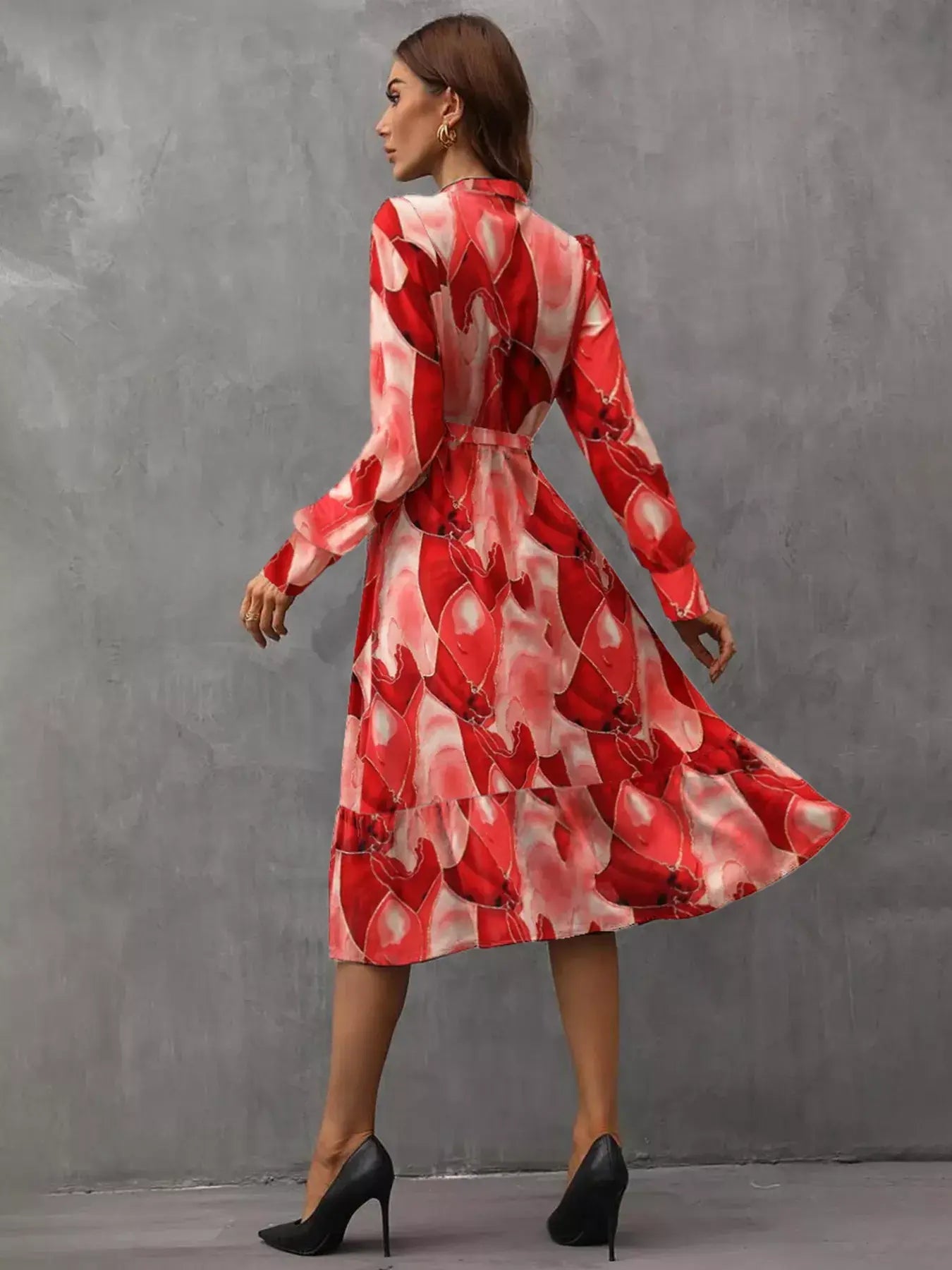 Notched Tie Waist Long Sleeve Dress - Trendsi - Flyclothing LLC