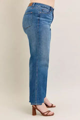 Judy Blue Full Size High Waist Tummy Control Chew Hem Destroy Wide Jeans Plus Size - Trendsi - Flyclothing LLC