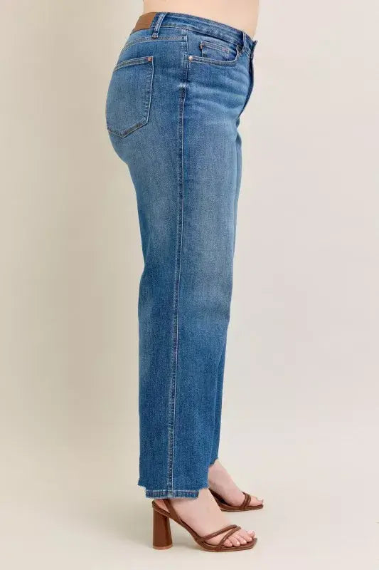 Judy Blue Full Size High Waist Tummy Control Chew Hem Destroy Wide Jeans Plus Size - Trendsi - Flyclothing LLC