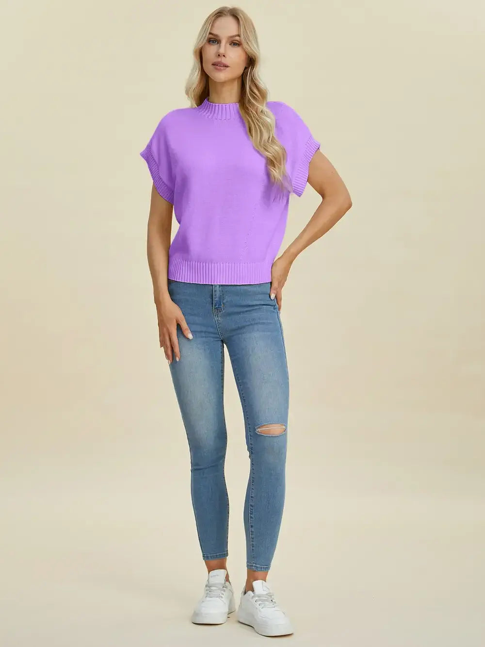 Double Take Full Size Mock Neck Short Sleeve Sweater - Trendsi - Flyclothing LLC