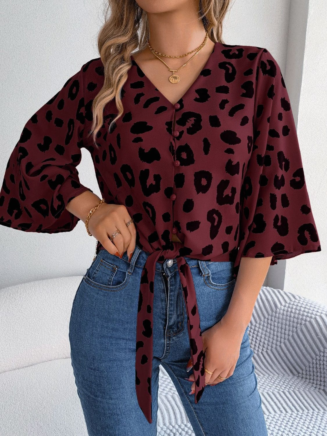 Tied Button Up Leopard V-Neck Blouse - Trendsi