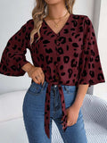 Tied Button Up Leopard V-Neck Blouse - Trendsi - Flyclothing LLC