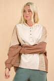 VERY J Exposed Seam Color Block Half Button Hoodie - Trendsi