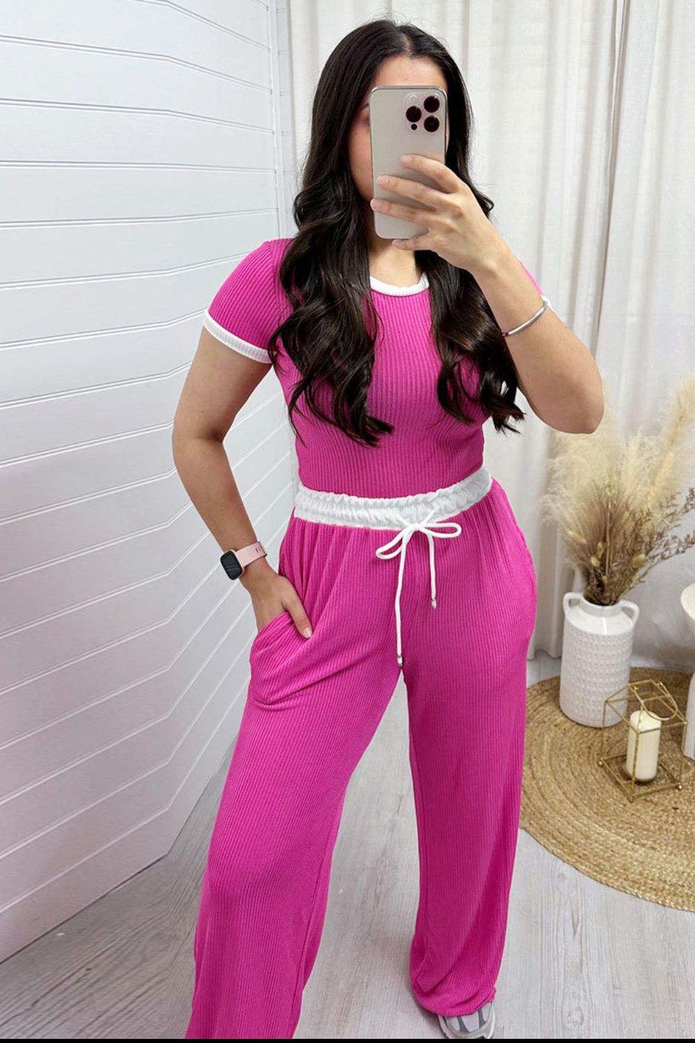 Contrast Trim Round Neck Top and Pants Set - Trendsi - Flyclothing LLC