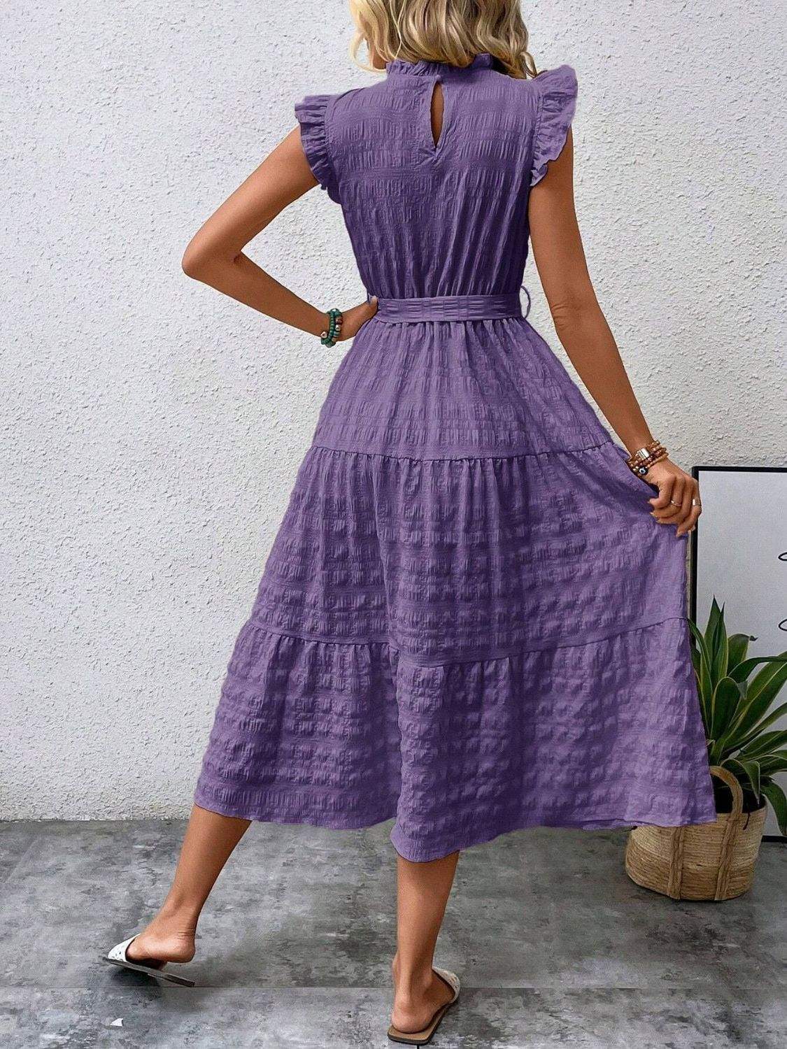 Tied Ruffled Cap Sleeve Midi Dress - Trendsi - Flyclothing LLC
