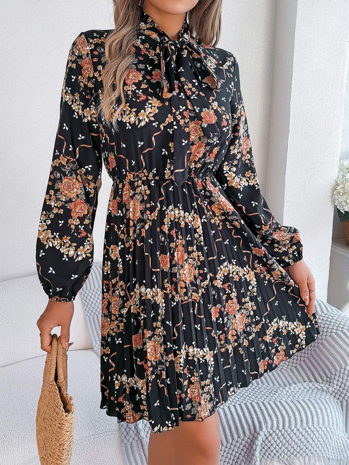 Pleated Printed Tie Neck Long Sleeve Dress - Trendsi - Flyclothing LLC