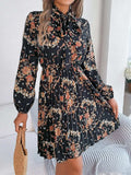Pleated Printed Tie Neck Long Sleeve Dress - Trendsi - Flyclothing LLC