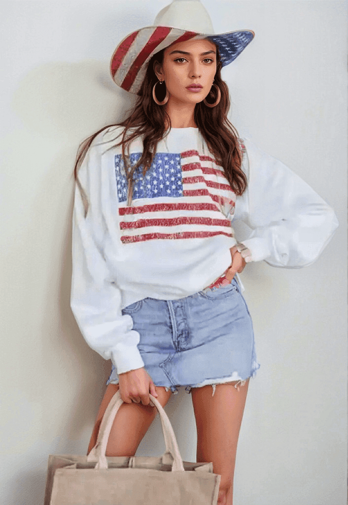 US Flag Round Neck Long Sleeve Sweatshirt - Trendsi - Flyclothing LLC