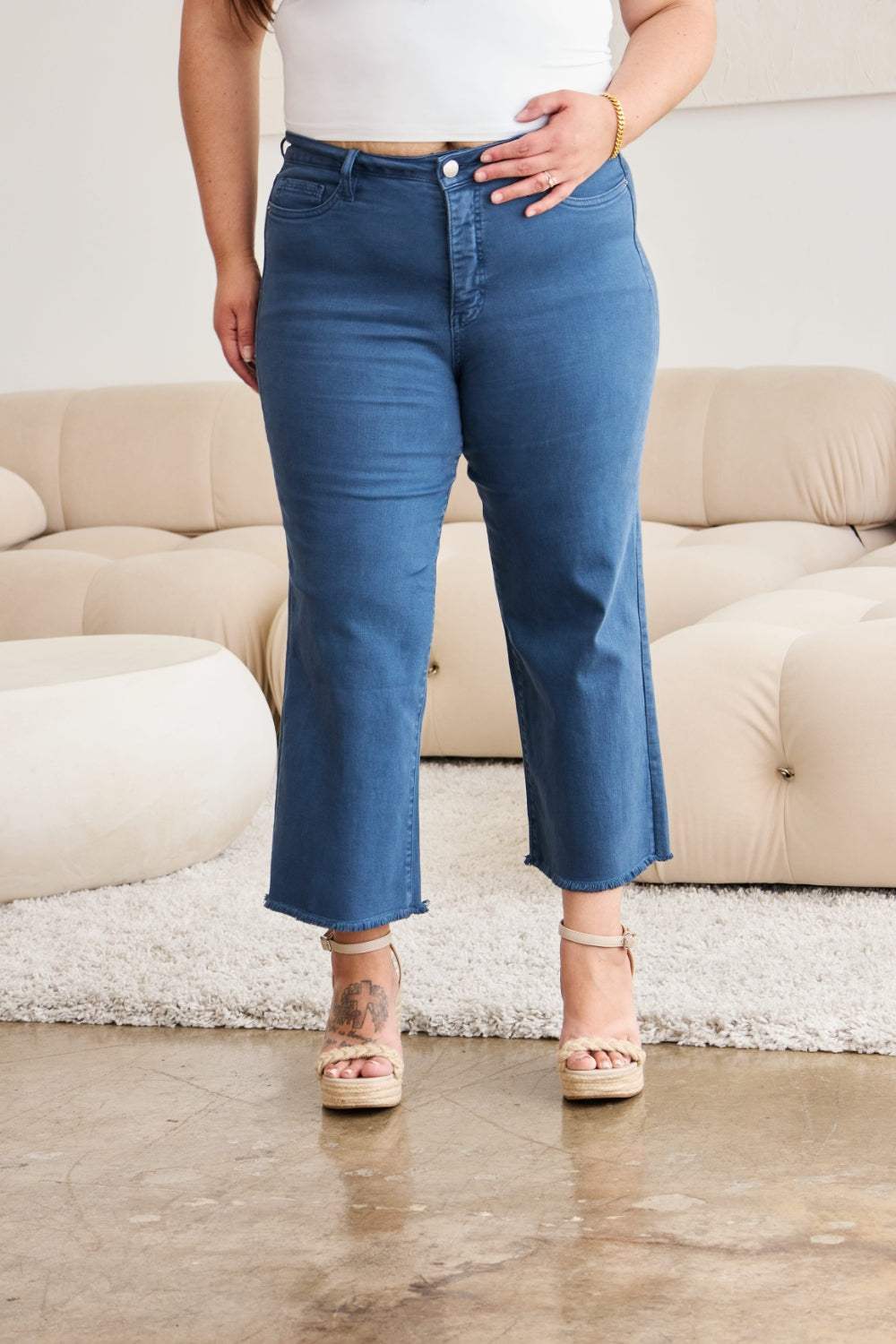 RFM Crop Chloe Full Size Tummy Control High Waist Raw Hem Jeans - Trendsi - Flyclothing LLC
