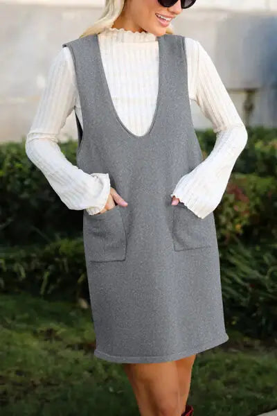 Lovelet Pocketed V-Neck Mini Sweater Overall Dress - Trendsi - Flyclothing LLC