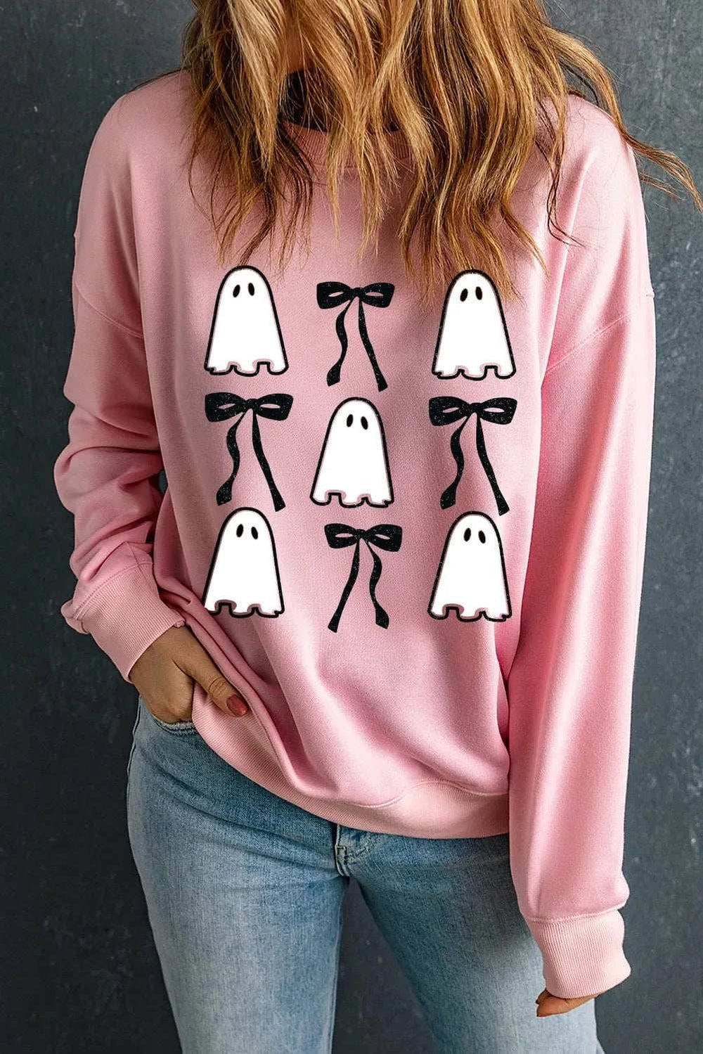 Ghost & Bow Round Neck Long Sleeve Sweatshirt - Trendsi - Flyclothing LLC
