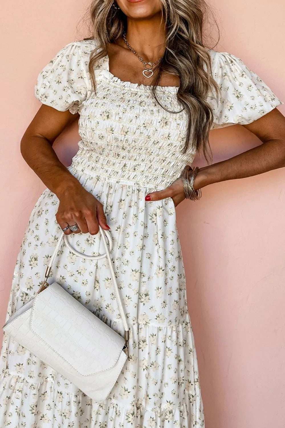 Floral Smocked Short Puff Sleeve Maxi Dress - Trendsi - Flyclothing LLC