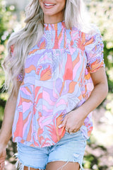 Smocked Round Neck Short Sleeve Blouse - Trendsi - Flyclothing LLC
