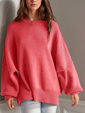 Double Take Side Slit Round Neck Long Sleeve Sweater - Trendsi - Flyclothing LLC