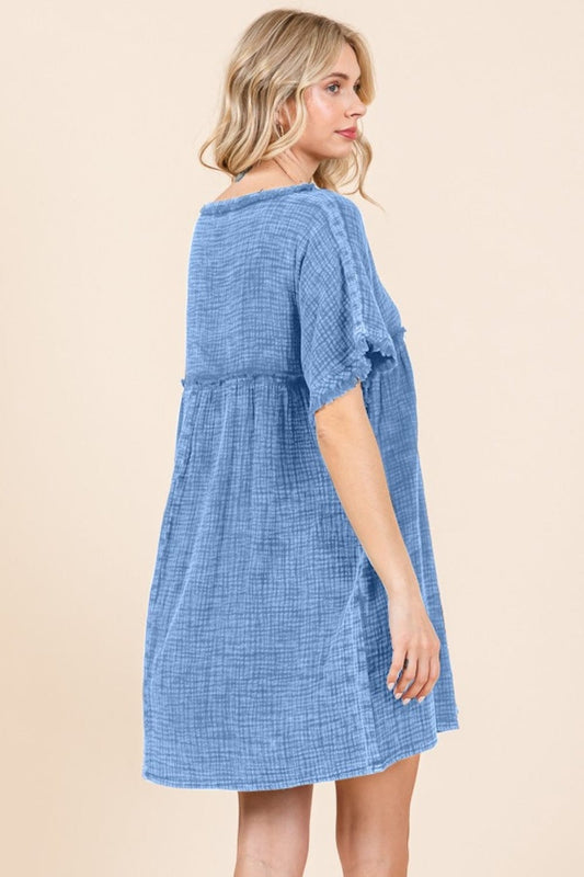 Culture Code Full Size Short Sleeve Babydoll Texture Dress with Pockets - Trendsi