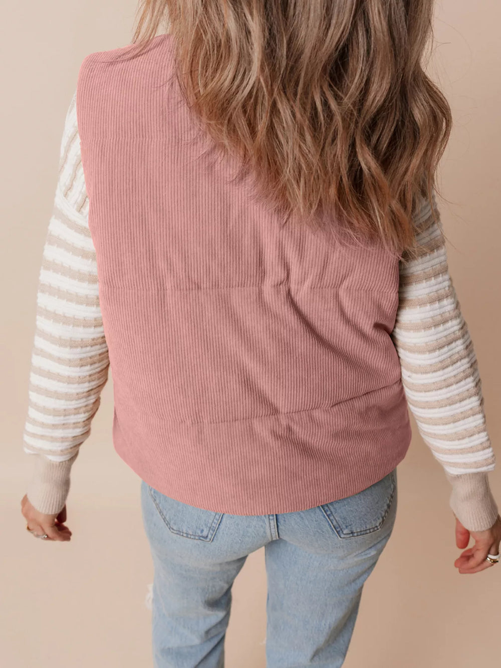 Corduroy Stand Neck Zipped Puffer Vest - Trendsi - Flyclothing LLC